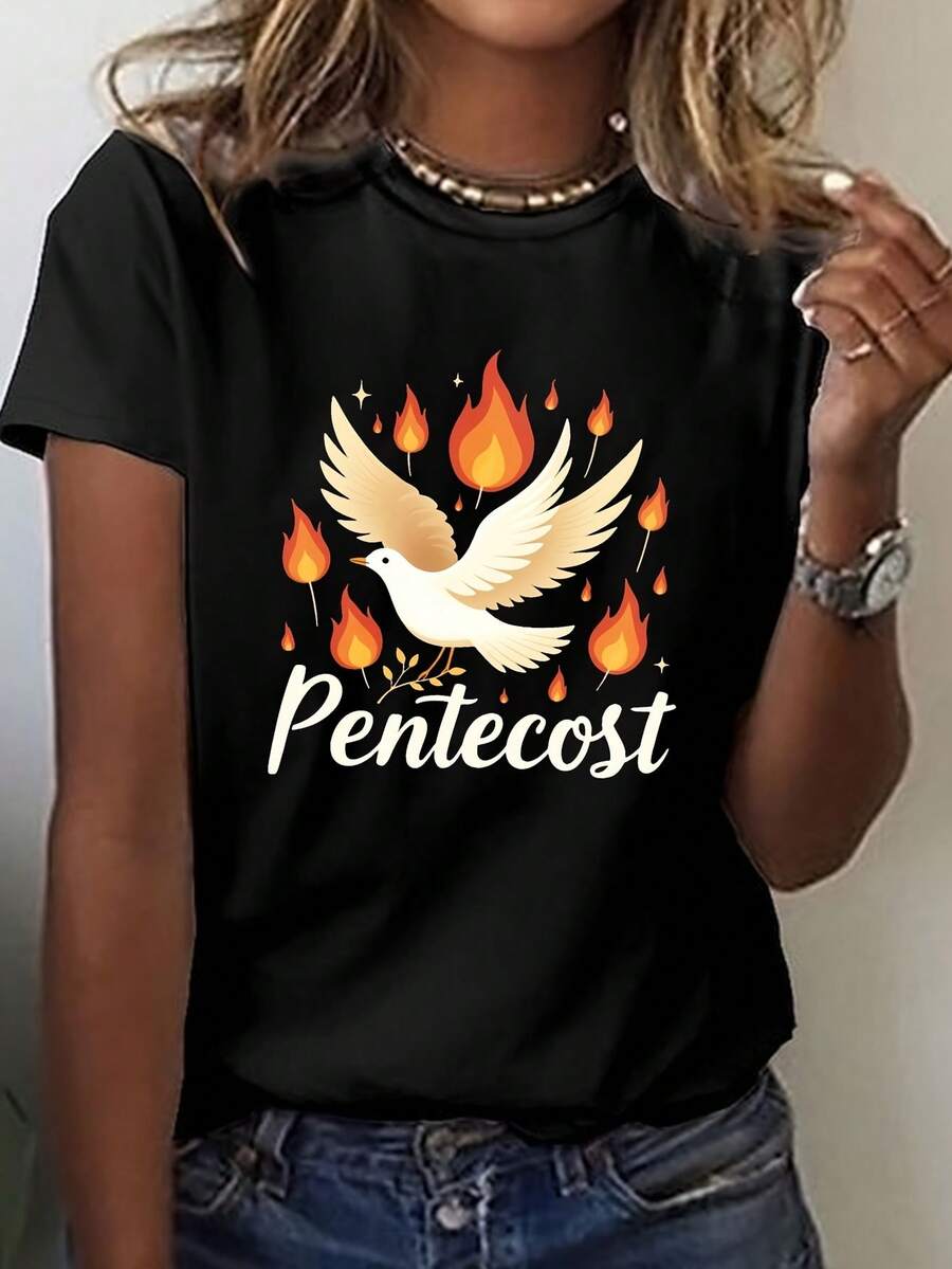 Women's T-Shirt With Dove And Flame Print For Pentecost - White And Religious Clothing For Church, Short Sleeve Round Neck, Casual Top With Holy Spirit Symbol, Breathable For Spring And Summer, Outfit For Pentecost Sunday - 黑色 - 查看 1