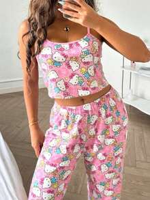 Bộ đồ ngủ nữ Hello Kitty 2 món gồm áo hai dây in họa tiết và quần ống đứng cạp chun dễ thương. - Hồng - Xem 5