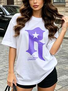 Women's Summer Casual Soft Round Neck Short Sleeve T-Shirt,The Star Letter R Print Graphic Is Suitable For Daily Wear In Spring And Summer.White - White - View 1