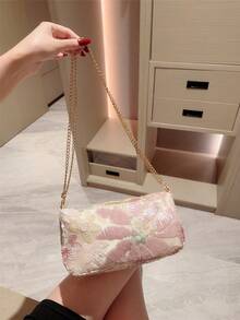 Moonlit Eve Bag, Multicolor Floral Crossbody Shoulder Bag, Fashionable Retro Chain Evening Clutch, Mini Square Box Bag, Suitable For Party Girls, Brides, College Students, Young Professionals, Patterns Randomly Sent - Pink - View 4