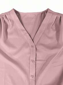 Blusa de mujer de unicolor con cuello en V y manga larga, elegante y esencial para el trayecto de primavera - Rosa - Ver 4