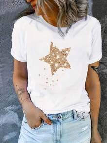 Casual Loose-Fitting T-Shirt With A Five-Pointed Star Print, Y2K Style, Comfortable And Suitable For Work, Outings, And Home Wear, Plus-Size Women's Summer/Spring T-Shirt, Skin-Friendly - 白色的 - 查看 1