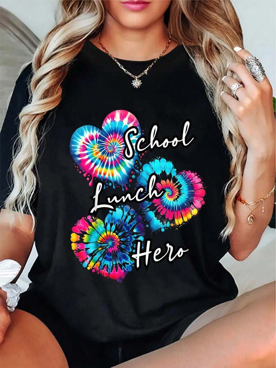 Talla Grande - Camiseta Tie-Dye de 1 Pieza No Lunch Hero Squad - Patrón de Comida en Forma de Corazón, Camiseta Casual 100% de Cuello Redondo, Colores Brillantes, Cómoda para Todas las Temporadas, Ropa Casual | Camiseta con estampado llamativo | Estilo casual, accesorios para loncheras, camisas de algodón para mujer, blusas negras para damas. - Negro - Ver 1