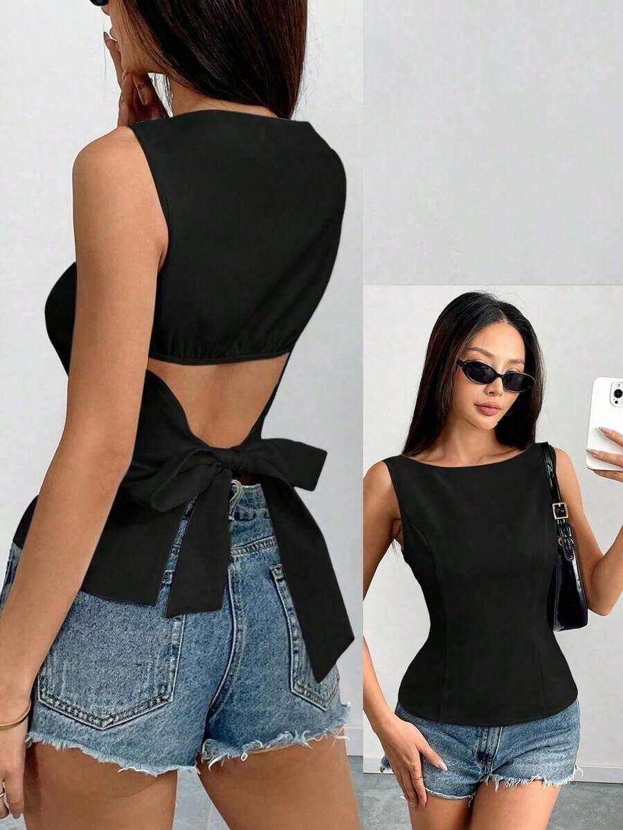 Camisa ajustada sin mangas de unicolor con lazo en la espalda, sexy y elegante para uso casual, adecuada para citas, vacaciones, oficina/negocios, primavera/verano - Negro - Ver 1