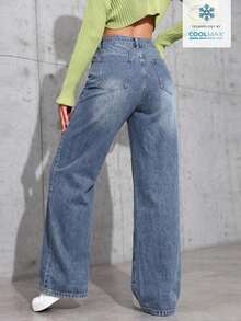 Jeans de mezclilla de unicolor minimalista para uso diario de mujer - Azul lavado oscuro - Ver 2