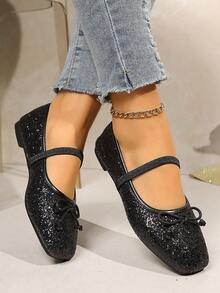 2026 New Spring/Summer Women's Mary Jane Shoes With Bow Tie, French Fairy Style, Square Toe Versatile Casual Slip-On Shoes Suitable For Parties And Gatherings - Black - View 6