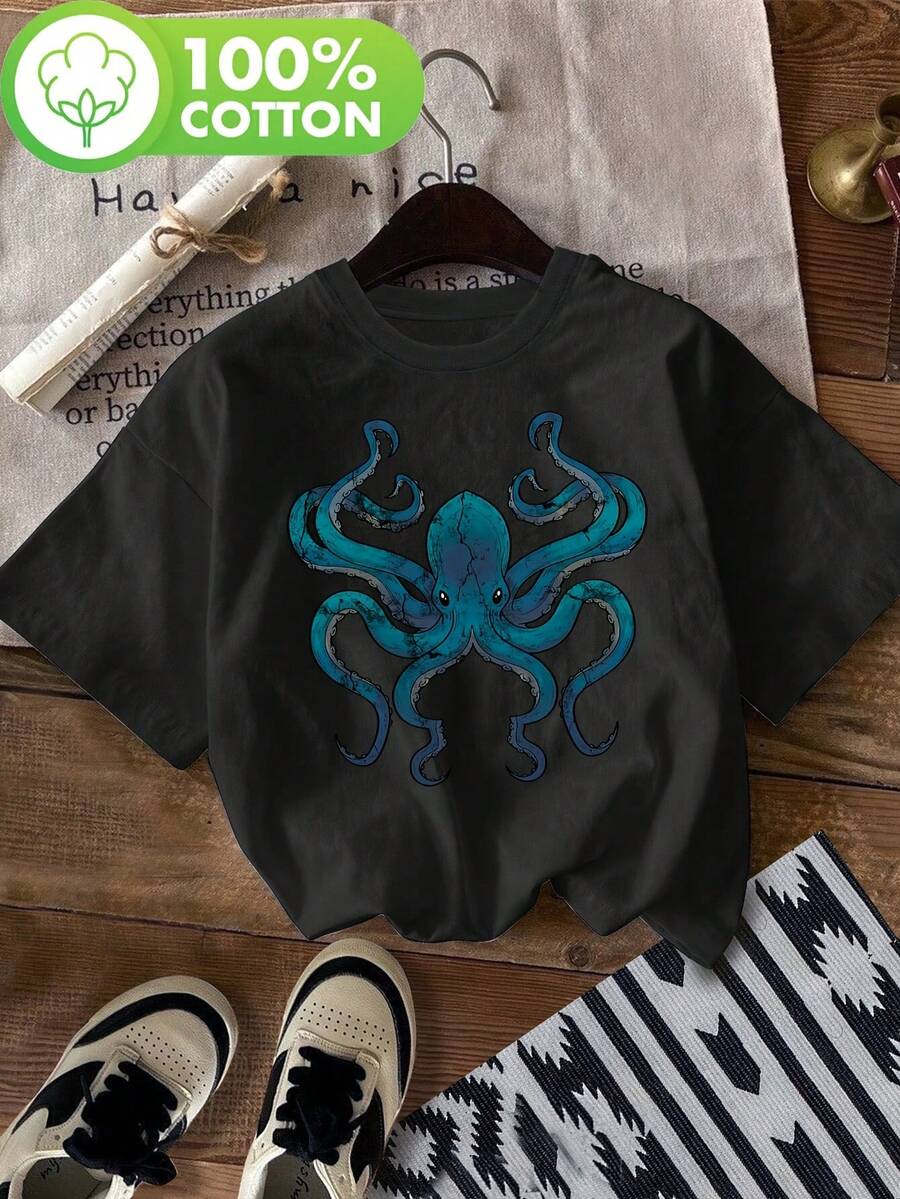 T-Shirt With A Fierce Octopus Print, Short Sleeves And Round Neck, Perfect For Casual Wear In Spring And Summer, Designed For Women. - Hitam - View 1