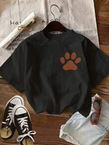Limited Edition [Double-Sided Print] Women's T-Shirt - Retro Style With Dog Paw Print And Flowers, Loose Fit, Casual For Everyday Wear, Crew Neck, Short Sleeve, Lightweight Cotton - 黑色 - 查看 4