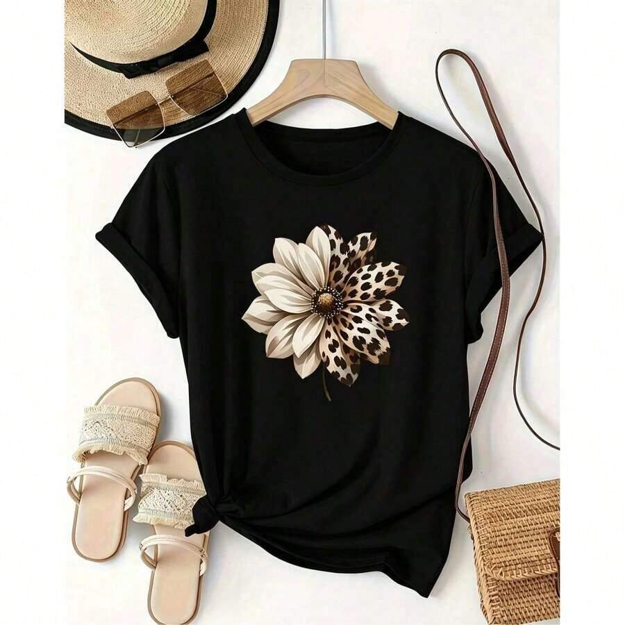 | 1 Playera para Mujer 100% Algodón Transpirable | Camiseta blanca de mujer de talla grande 0-8XL con estampado floral marrón y de leopardo, manga corta - Blusa casual elegante de cuello redondo, top de capas para todas las estaciones para atuendos casuales, fiestas y eventos semi-formales - Tela suave lavable a máquina (opciones multicolores disponibles) - Ajuste de talla grande, cómodo y esencial para el día a día, camiseta para mujeres, camisetas de talla grande para mujeres de cumpleaños, camisetas de talla grande para mujeres, blusas de manga larga para damas, camisetas de invierno para mujeres, ideal para el verano. Camiseta unisex de algodón de manga corta y cuello redondo estilo vintage urbano - Negro - Ver 1