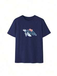 Camiseta de manga corta de cuello redondo con estampado de tortuga marina de moda minimalista y versátil, adecuada para mujer en color rosa camisetas de mujer algodón - Estilo - Ver 4