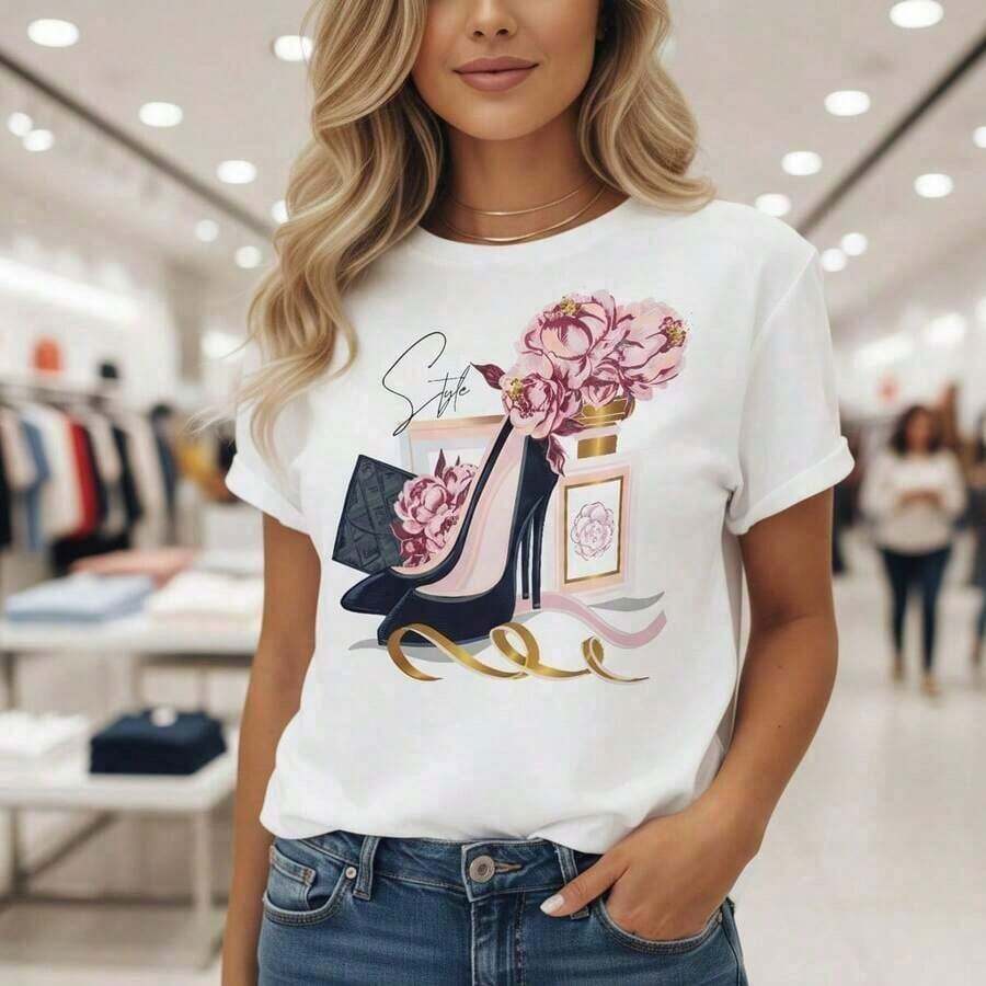 1 Piece Of Women's Pure Cotton T-Shirt, Elegant High Heels And Peony Print, Round Neck, Short Sleeve, Casual Loose Fit, Sizes S-5XL, Fashionable Graphic T-Shirt For Daily Wear, Soft And Comfortable Fabric, Top Design 180g 100% Soft Cotton. - 白色的 - 查看 1