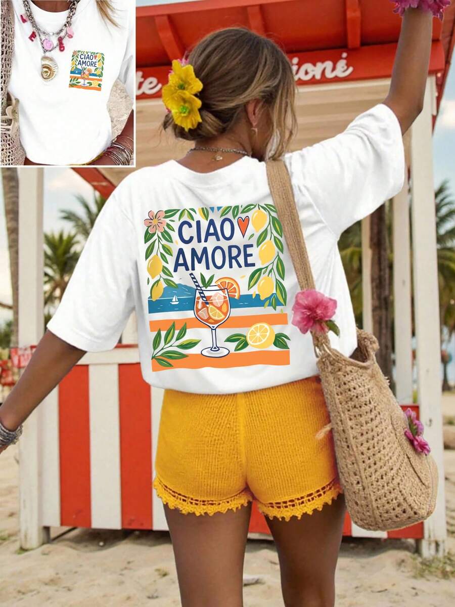 Camiseta de manga corta de algodón con cuello redondo, nuevo estilo de verano 2026, top casual blanco con estampado de letras, pintura al óleo, copas de cóctel, limón y vacaciones en la playa, top divertido de corte regular para mujer. | Tela transpirable I9MV - Blanco - Ver 1