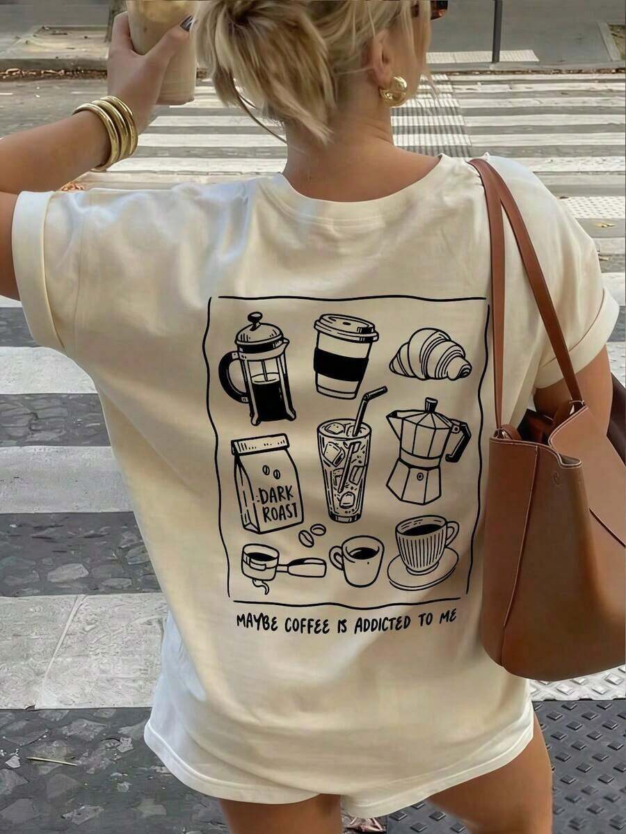 Nueva Camiseta de Verano Casual con Estampado de Comida y Bebida para el Desayuno, Cuello Redondo y Manga Corta, Versátil y a la Moda para Uso Diario, Top de Mujer, 100% Algodón, Tejido Suave, Manga Corta - Albaricoque - Ver 1