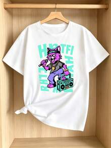 Women's T-Shirt: Ladies' White Summer T-Shirt, Modern Hip-Hop Style, Pink Rap Style Cat Print, Vibrant Purple Singing Cat, Neon Green Portable Speaker, Vintage Gold Chain, Urban Graffiti Art Style, Musical Performance Theme, Fashionable Aesthetic Top For Casual Parties And Concerts. - 白色 - 查看 3