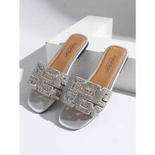1Pair Women's Plus Size Rhinestone Decor Flat Slide Sandals, Open Toe Summer Shoes For Vacation, Beach And Travel,Order One Size Up For Wide Feet - Silver - View 4