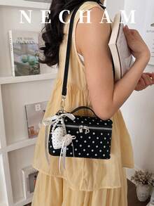 1pc Korean Ins Style Polka Dot Print Lunch Box Bag, Fashionable Daily Shoulder Bag (Accessories Not Included) - Black - View 3