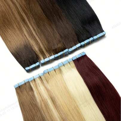 20PCS/50G Tape In Real Human Hair Extensions Seamless Skin Weft Smooth Remy Hair Full Head 40.64/45.72/50.8cm Long Straight Feel Soft & Natural Looking Mix Color