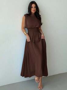 elegante de cuello alto y cintura ceñida con silueta evasé para mujer, vestido de verano, ropa de primavera/verano, atuendo de playa, para ir al trabajo, elegante, sexy, vacaciones, playa, bohemio, Hawái, festival de música, romántico, cit - Café integral - Ver 7