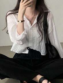Women's Wrinkled Long Sleeve Blouses Loose Shirt With Sun Protection - 白色 - 查看 2