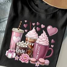Vibrant Drink Lover's T-Shirt - Made From 100% Cotton, This Women's Shirt Features Charming Pink Coffee Cups And Heart Motifs, Along With Iced Coffee And Dessert Details For A  Look. - 黑色 - 查看 1