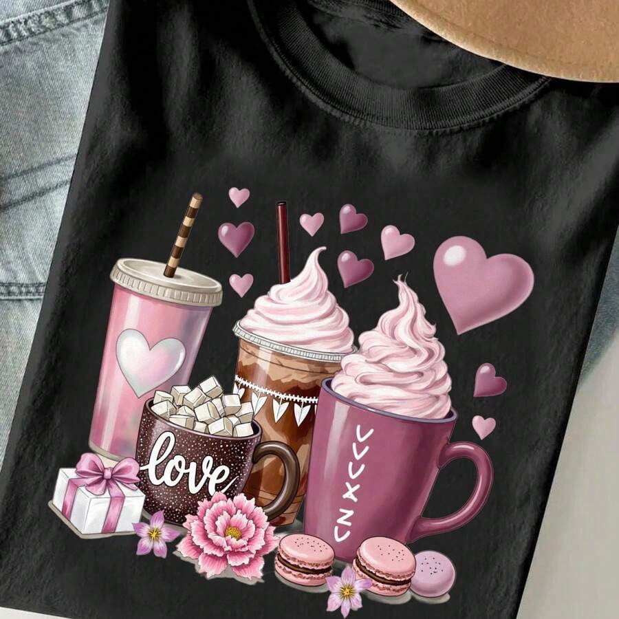 Vibrant Drink Lover's T-Shirt - Made From 100% Cotton, This Women's Shirt Features Charming Pink Coffee Cups And Heart Motifs, Along With Iced Coffee And Dessert Details For A Look. - 黑色 - 查看 1