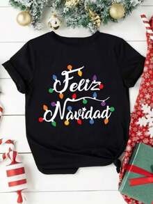 Women's T-Shirt, Casual Round Neck T-Shirt For Women, Loose And Comfortable, Printed T-Shirt, The T-Shirt Is Printed With "Merry Christmas" With Colorful Christmas Lights, Suitable For Women, Comfortable And Breathable, Round Neck, Fitted, Ideal For Summer And Casual Wear, Minimalist Design, Soft Texture. - 黑色 - 查看 8