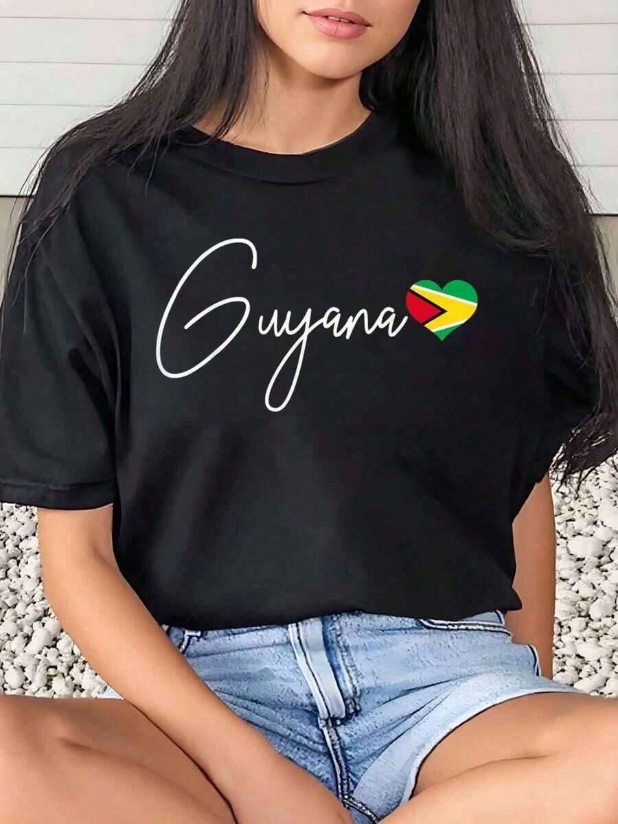 1 Piece Women's T-Shirt With Heart And Guyana Flag Print, For Carnival And Daily Wear, Round Neck, Short Sleeve, Soft And Comfortable, 220g/180g, 100% Cotton - 黑色 - 查看 1