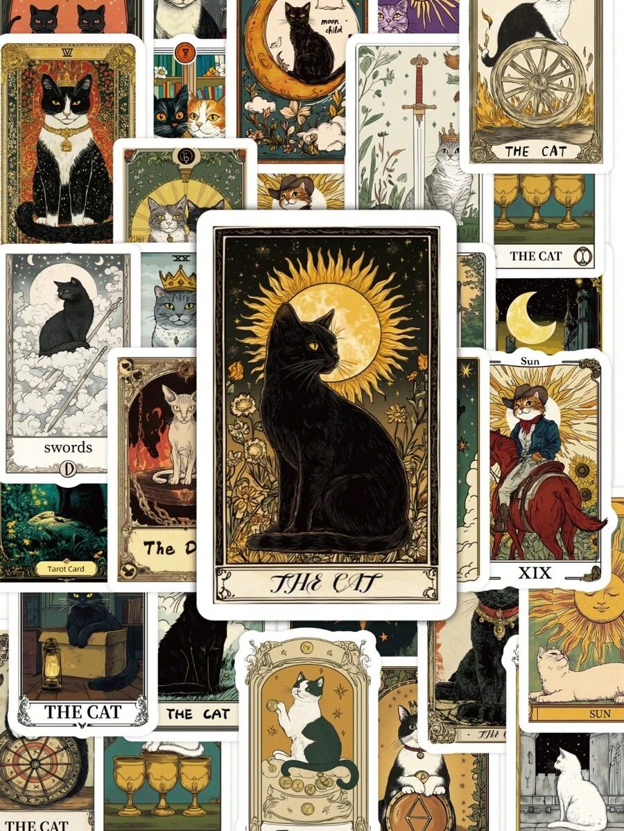 Add A Touch Of Mystical Magic To Every Craft Project! These 50pcs Cat Tarot Stickers, Witchy Black Cat Decals For Scrapbooking, Bullet Journal, Diy Crafts & Altar Decor Are A Must-Have For Every Creative Witch! - Multicolor - View 1