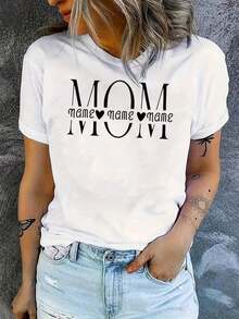 Women's Short-Sleeved T-Shirt With "Love Mom" Print, Round Neck, Fashionable, Casual And Sporty, Comfortable For Summer, Suitable For Vacation.VPCG - 白色 - 查看 1