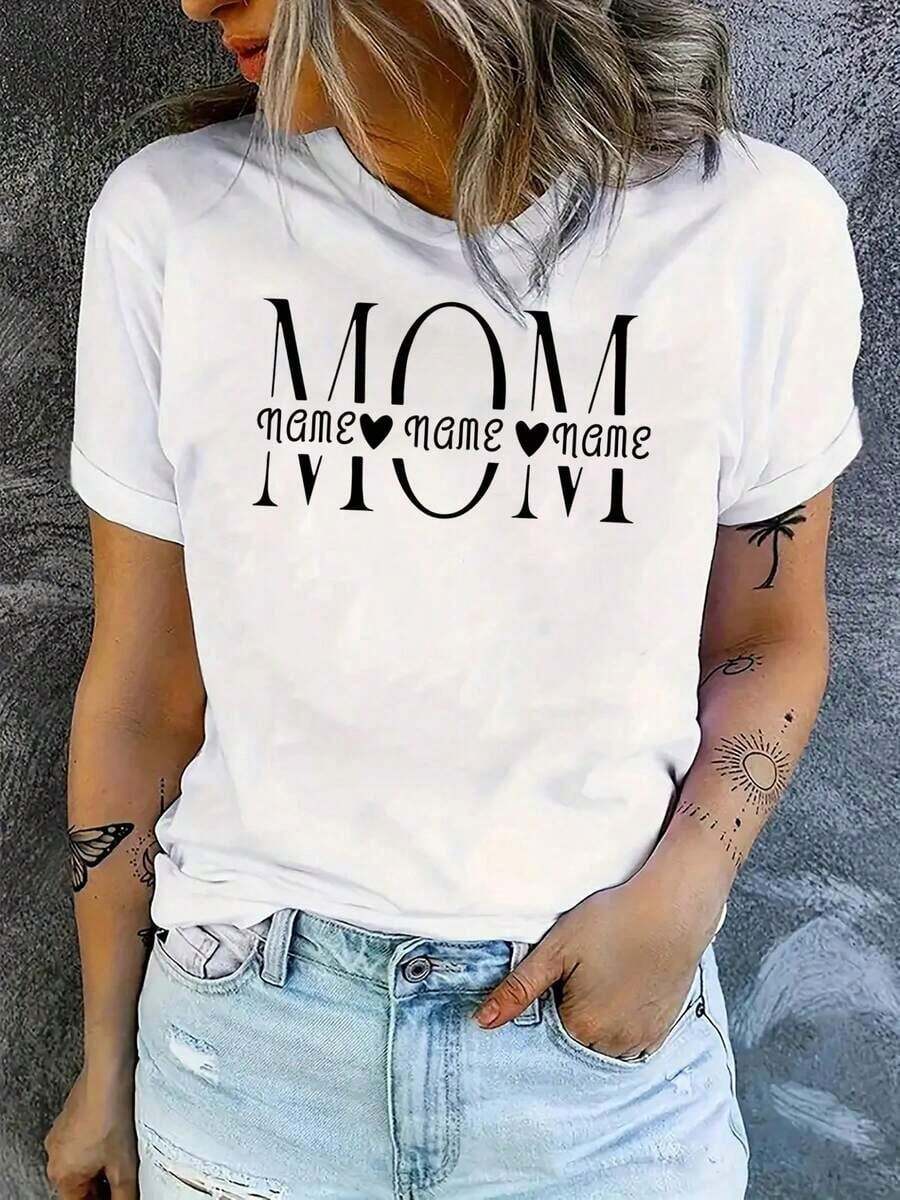 Women's Short-Sleeved T-Shirt With "Love Mom" Print, Round Neck, Fashionable, Casual And Sporty, Comfortable For Summer, Suitable For Vacation.VPCG - 白色 - 查看 1