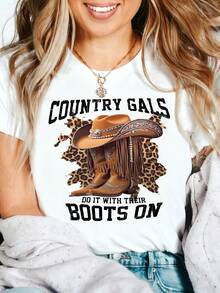 Country Gals Graphic T-Shirt, 100% Cotton Oversized Soft Breathable Casual Crewneck Short Sleeve Top, Retro Western Style Tee For Women & Country Music Lovers - 白色 - 查看 1