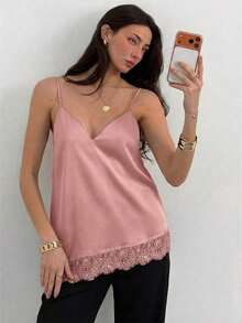 Top de tirantes de mujer con encaje y bajo asimétrico - Rosa vieja - Ver 5