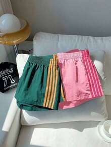 2 piezas Shorts casuales de estilo callejero para mujer con contraste de color en la cinta, shorts de lunares, verano - Multicolor 15 - Ver 5