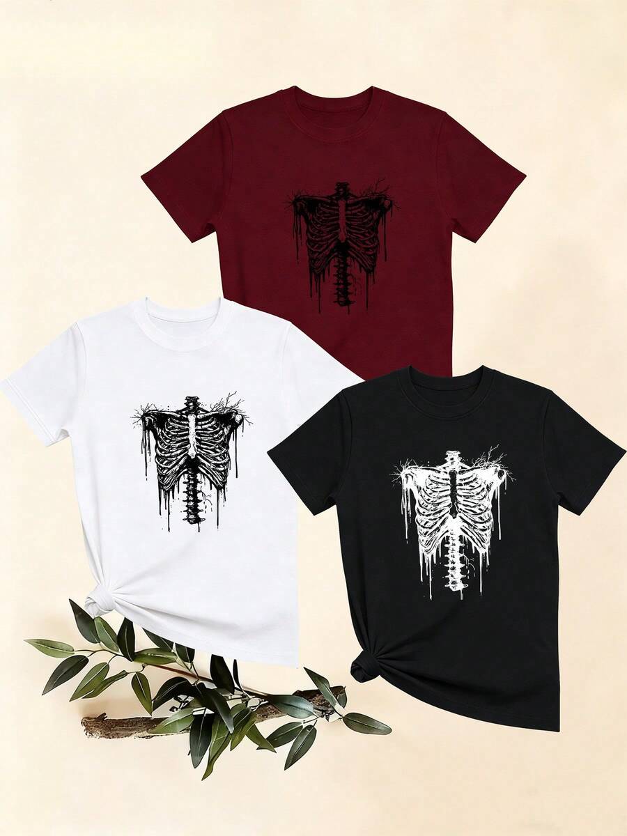 Women's T-Shirts, Women's T-Shirts, Dark Style Skull Print Chest One-Piece T-Shirt, Comfortable Casual Top, Unique Short Sleeve Set And A. - 1件黑色隨機圖案 - 查看 1