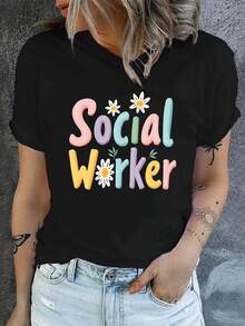 Women's T-Shirts, Ladies' T-Shirts, Social Worker Print T-Shirt - Fun Floral And Geometric Prints, Soft And Stretchy Casual Top With Round Neck, Breathable Short Sleeves For All-Season Comfort, Machine Washable, Social Worker Themed T-Shirt, Comfortable Medium-Stretch Top. - 1件黑色隨機圖案 - 查看 6