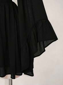 Vestido Unicolor Azul Marino – Mini, Manga Larga Farol, Cintura Fruncida con Falda Acampanada, Estilo Occidental para Primavera y Verano - Negro - Ver 9
