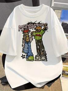 Men's Summer Cotton Urban Style T-Shirt - Urban Graphic Print With Cartoon Characters And Graffiti Text, Regular Fit, Crew Neck, Casual T-Shirt, Machine Washable, Everyday Comfort, Fun Design, Breathable Fabric, Plus Sizes. Loose-Fitting, Casual, And Versatile T-Shirt. - 白色 - 查看 8