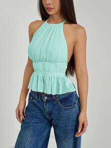 Top sin espalda con cuello de halter con pliegues y cintura con lazo para mujer - Celeste - Ver 11