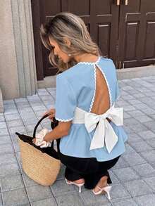 PariChic Blusa de mujer con lazo en la espalda y color crema/blanco para primavera/verano, top corto con volantes en el bajo y contraste de color - Azul - Ver 7