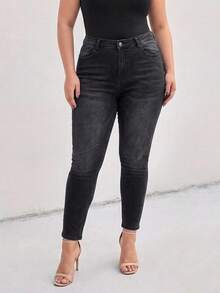High Waist Dark Wash Tummy Tuck Skinny Plus Size Woman Denim Jean - Black - View 4