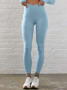 Sport Leggings ajustados de cintura contorneada y cruzada para actividades, pádel, tenis, pickleball, gimnasio, fitness, pilates y uso casual diario - Celeste - Ver 2