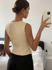 Chaleco vaquero casual con cuello en V para mujer - Caqui - Ver 5