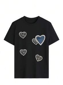 Esta camiseta de manga corta, cuello redondo y corte holgado para mujer es perfecta para el verano. Presenta un divertido estilo retro Y2K con un estampado de corazón en mezclilla con perlas sintéticas. Ideal para vacaciones, la oficina, salidas, el día a día, citas, fiestas, reuniones y estilo urbano. Esta versátil prenda deportiva informal también es un excelente regalo para diversas ocasiones. - Negro - Ver 2