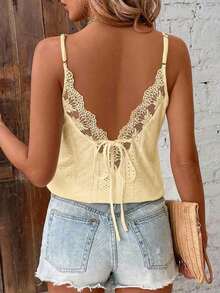 Blusa de verano para mujer con tirantes finos, encaje y parches, estilo minimalista, bohemio, elegante y romántico, ideal para festivales de música, playa y vacaciones, 95% algodón - Amarillo - Ver 1