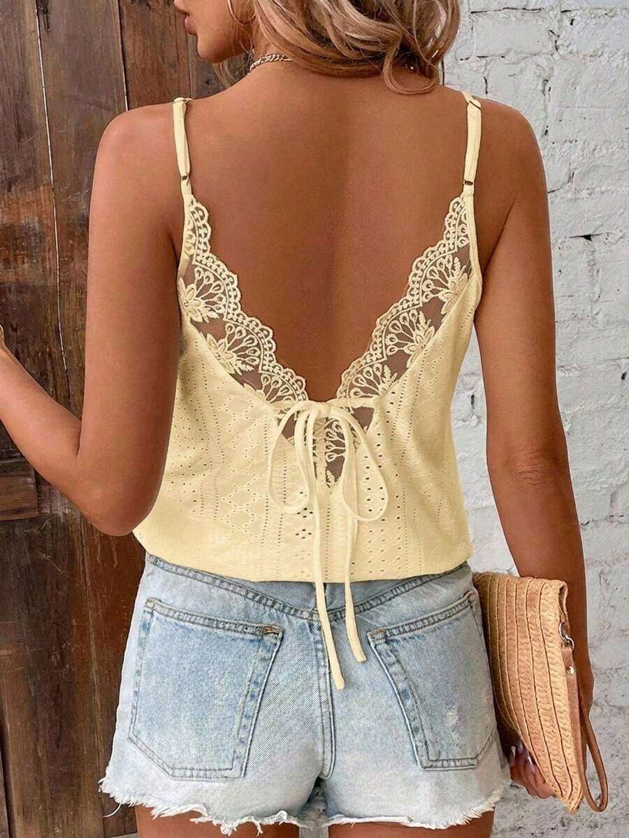 Blusa de verano para mujer con tirantes finos, encaje y parches, estilo minimalista, bohemio, elegante y romántico, ideal para festivales de música, playa y vacaciones, 95% algodón - Amarillo - Ver 1
