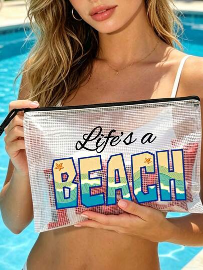 1 túi đi biển thời trang chống thấm nước với chữ "Beach" nhiều màu sắc và họa tiết sao biển in nổi. Túi đựng mỹ phẩm trong suốt dung tích lớn có khóa kéo - Nhẹ, thích hợp đựng đồ dùng mùa xuân và mùa hè, bền, lý tưởng cho bơi lội, đi biển, lặn và kỳ nghỉ hè, học sinh trở lại trường, túi chống nắng, phù hợp làm quà tặng cho bạn bè, gia đình, bạn thân, bạn cùng lớp. Món quà và quà lưu niệm hoàn hảo cho sinh nhật, ngày lễ, tiệc tùng, đám cưới (cho phù dâu), kỳ nghỉ.