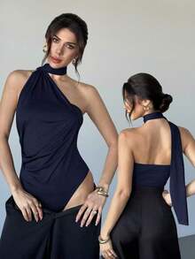 Body asimétrico con cuello de volantes en color marrón moca para mujer, body de moda para primavera, verano, otoño e invierno, adecuado para ir a trabajar, elegante, sexy, vacaciones, playa, estilo bohemio, Hawái, festivales de música, fiestas y a - Azul marino - Ver 9