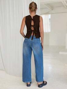 1 pieza Blusa elegante sin mangas de unicolor con espalda descubierta y lazo - Café integral - Ver 4