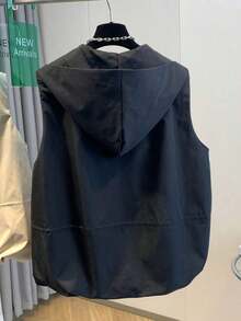 Chaleco de mujer para primavera y verano, diseño de bajo con volantes versátil y de moda, unicolor tejido suelto casual con forro, chaqueta con capucha negra chaleco adecuado para uso diario, vacaciones, salidas, combinación casual - Negro - Ver 2