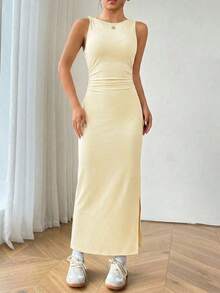 Vestido sin mangas sencillo de unicolor para el uso diario de las mujeres - Amarillo mantequilla - Ver 4